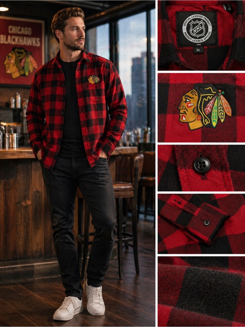 NHL Chicago Blackhawks Buffalo Plaid Flannel Shirt Men’s XL Red Black